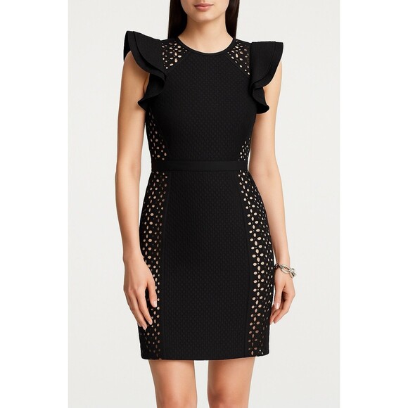 BCBGMAXAZRIA Desirae Black Eyelet Lace Ruffle Sleeve Cocktail Dress Size 2 NWT - Picture 1 of 11